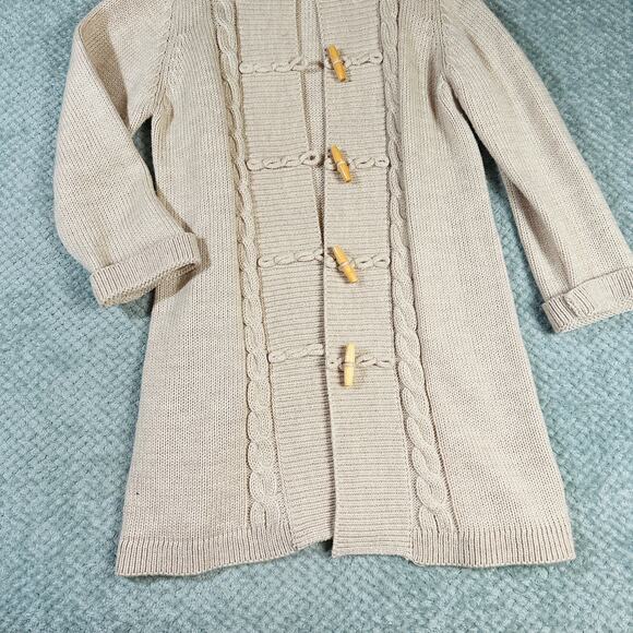 Vintage BONNIELEE Cream Duffle Cable Knit Hooded Long Line Cardigan Sweater Wool - Picture 3 of 6